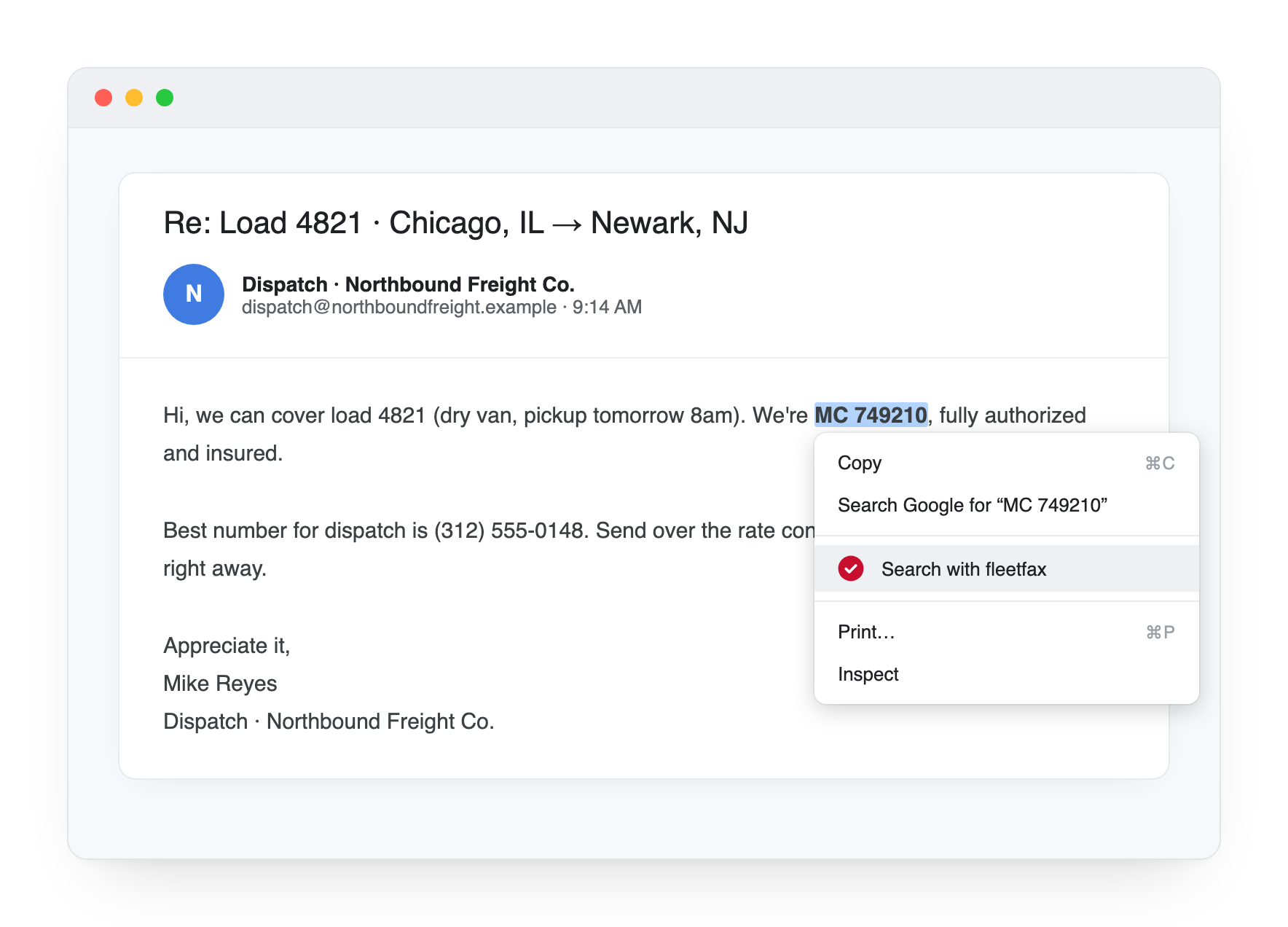 A right-click menu on a highlighted MC number in a broker's inbox, showing the Search with fleetfax option